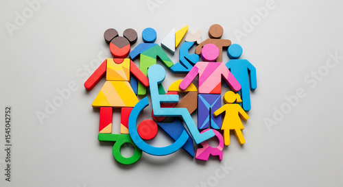 Colorful wooden figures representing diversity, including a wheelchair symbol, showcase inclusivity and equal opportunities concept