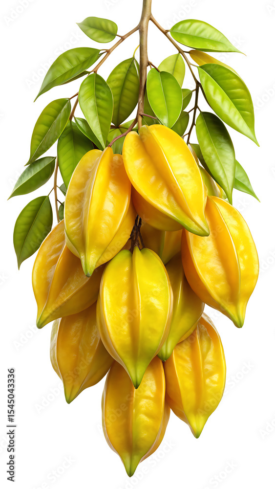Obraz premium A Vibrant Cluster of Star Fruit Hanging from a Branch with Leaves