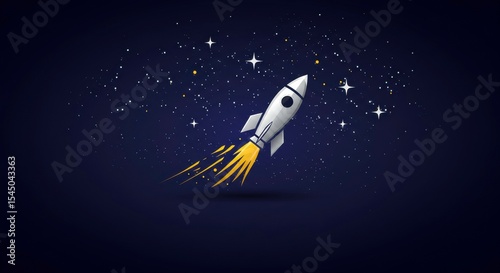 Stylized vector illustration of a rocket taking off into a star-filled space