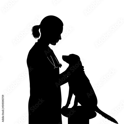 Black silhouette veterinarian pet animal doctor figure examining pet veterinary animal care