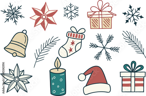 Christmas icons collection with holiday elements for digital and print design. Flat style Christmas icons set featuring festive winter and seasonal symbols. Creative Christmas icons pack