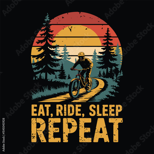 Eat Ride Sleep Repeat" Adventure-themed mountain biking design for outdoor lovers and cycling vector vintage t shirt design