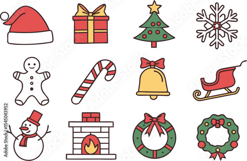 Christmas icons collection with holiday elements for digital and print design. Flat style Christmas icons set featuring festive winter and seasonal symbols. Creative Christmas icons pack