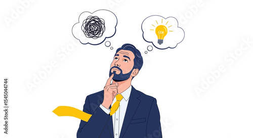 Man Contemplating Idea vs. Confusion, Business Decision Making Illustration