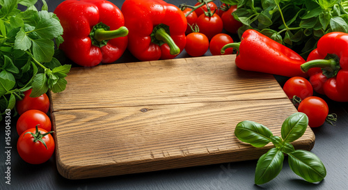 Wooden cutting board surrounded by red bell peppers, cherry tomatoes, and basil leaves, showcasing fresh ingredients for cooking or recipe presentation, ideal for food blogs or culinary websites