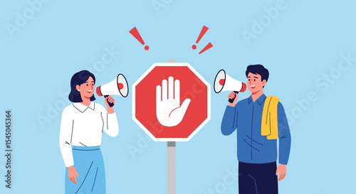 Stop Sign Protest People Using Megaphones to Announce Halt