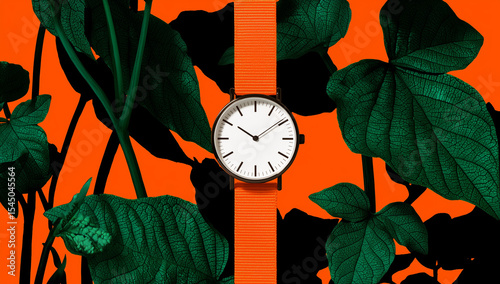 Minimalist Black Wristwatch with Orange Leather Strap on Textured Background
