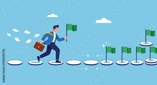 Businessman Running Towards Success Achieving Goals and Milestones