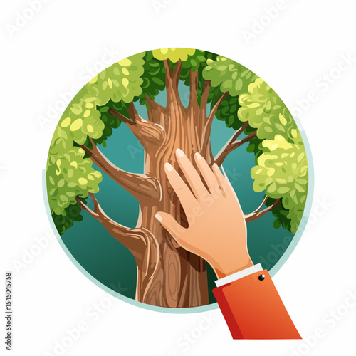 Human hand touching tree in rainforest,love nature concept