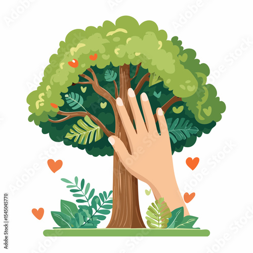 Human hand touching tree in rainforest,love nature concept