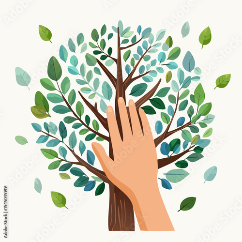 Human hand touching tree in rainforest,love nature concept