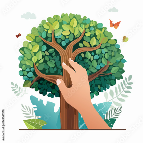 Human hand touching tree in rainforest,love nature concept