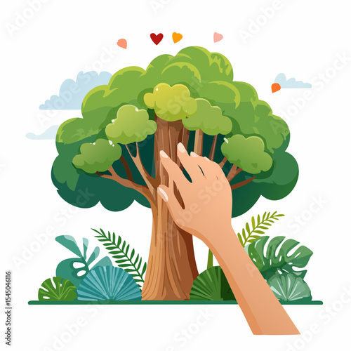 Human hand touching tree in rainforest,love nature concept