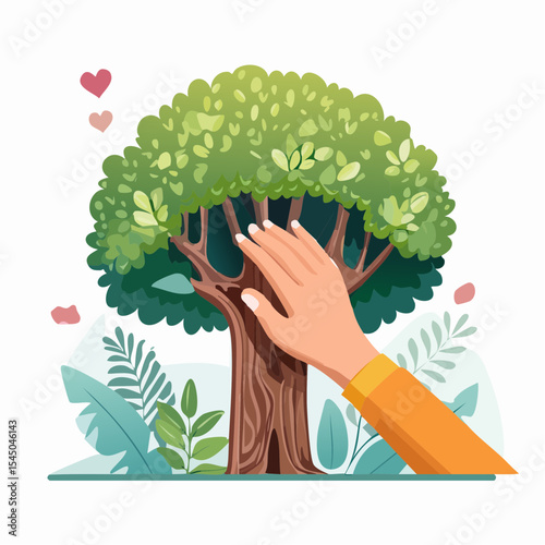 Human hand touching tree in rainforest,love nature concept