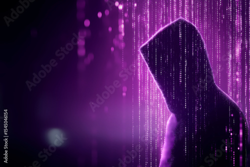 Neon Binary Code Streams and Anonymous Hacker Silhouette
