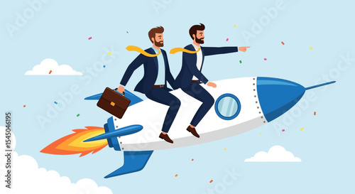 Businessmen on a Rocket Achieving Startup Success and Growth