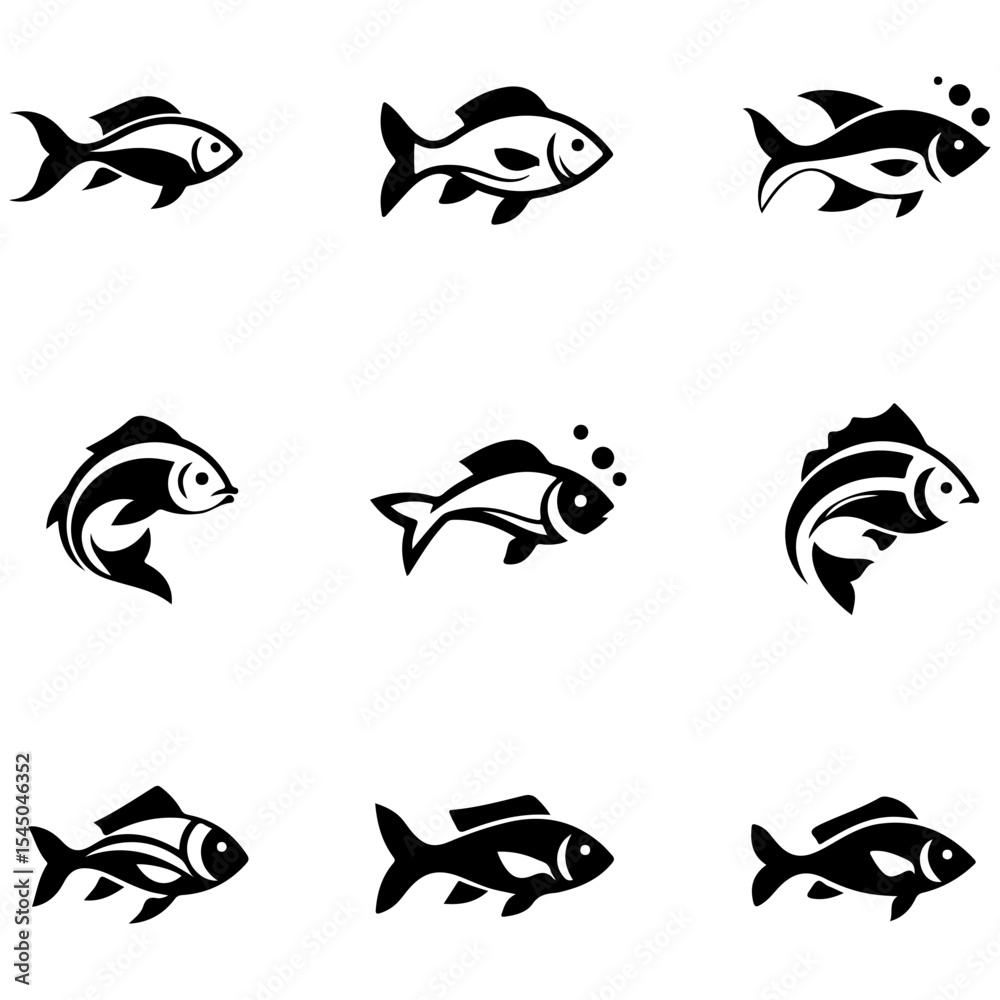 Naklejka premium The pure iconographic forms of marine life, this silhouette collection focuses on the essential, recognizable shapes of fish