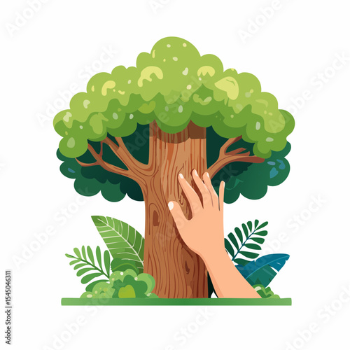 Human hand touching tree in rainforest,love nature concept