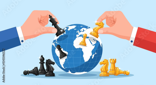 Global Strategy Chess Pieces on World Map Illustrating International Competition and Strategic Planning