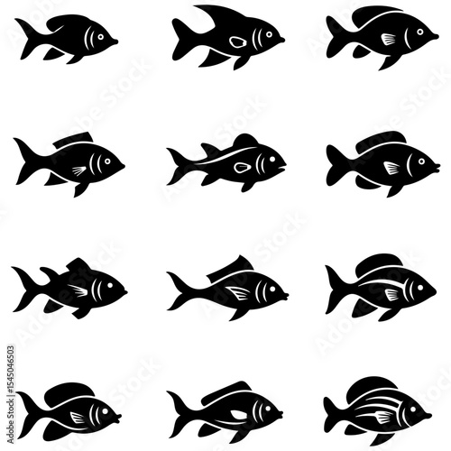 Stylish fish icons are a powerful vector silhouette collection of marine hunters like sharks, barracuda, and tuna