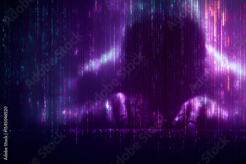 Neon Binary Code Streams and Anonymous Hacker Silhouette
