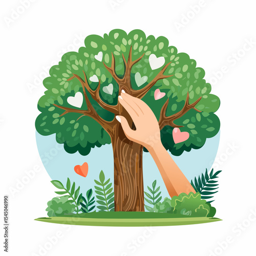 Human hand touching tree in rainforest,love nature concept