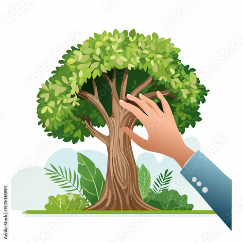 Human hand touching tree in rainforest,love nature concept