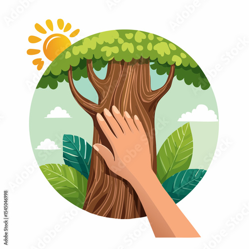 Human hand touching tree in rainforest,love nature concept