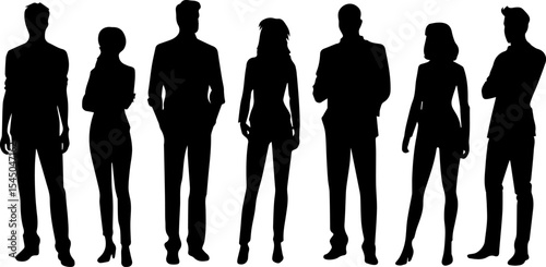 Vector silhouettes of men and a women, a group of standing business people silhouettes