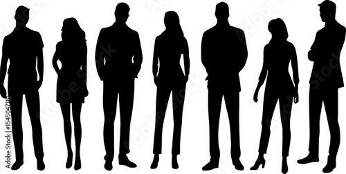 Vector silhouettes of men and a women, a group of standing business people silhouettes