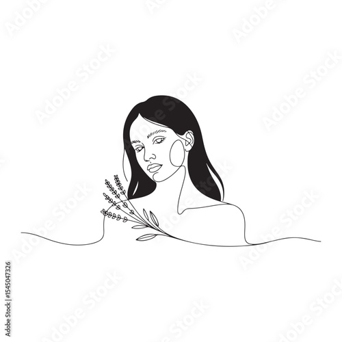 Abstract female portraits with lavender branch one line art drawing isolated on white background