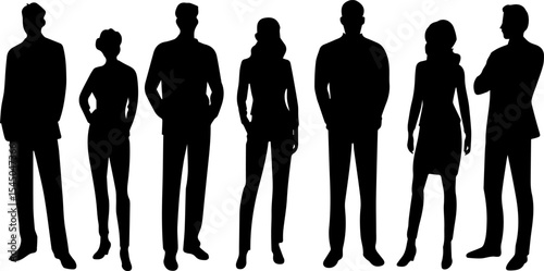 Vector silhouettes of men and a women, a group of standing business people silhouettes