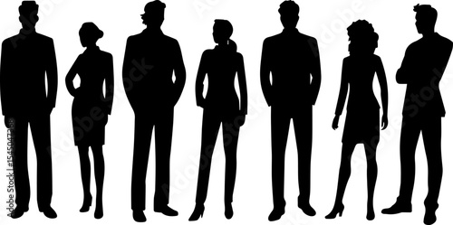 Vector silhouettes of men and a women, a group of standing business people silhouettes