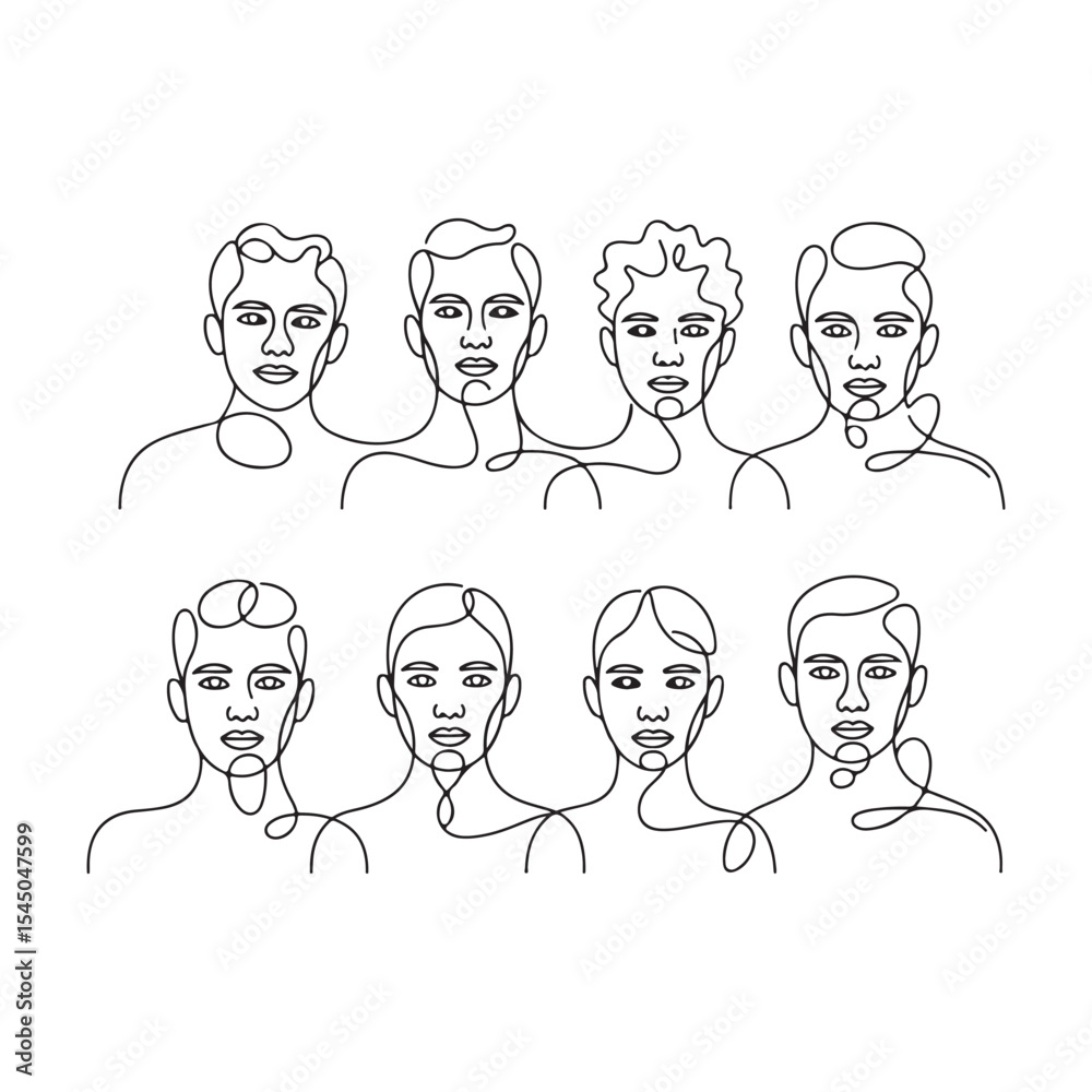 Fototapeta premium Eight abstract line art male portraits isolated on white background