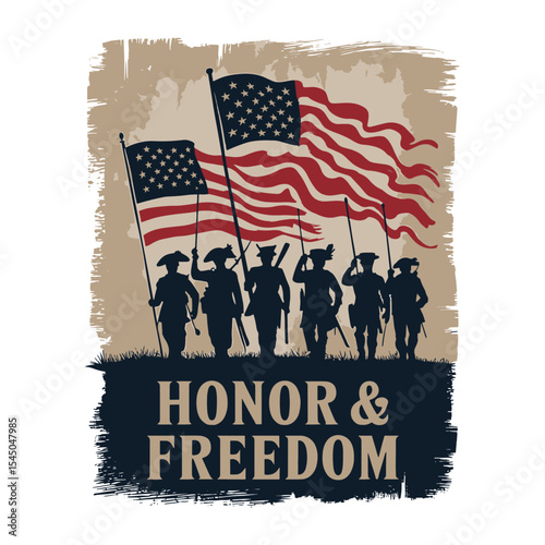 American soldiers with flags and “Honor & Freedom” message for patriotic and military vector t shirt design