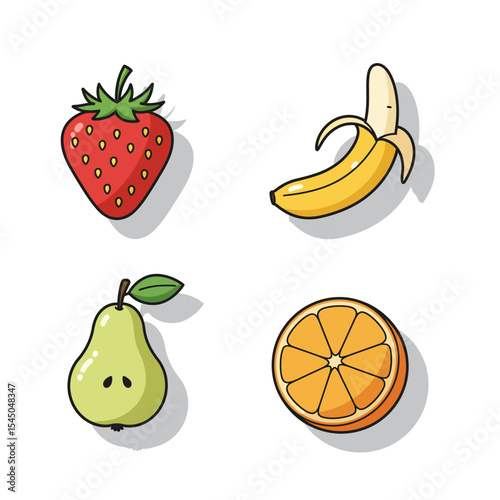 Fruits flat linear icons set. Strawberry, banana, pear and orange slice. Long shadow outline logo concepts. Vector line art illustrations