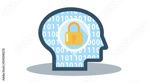 Illustration of a head outline filled with binary code and a padlock inside a circle shape