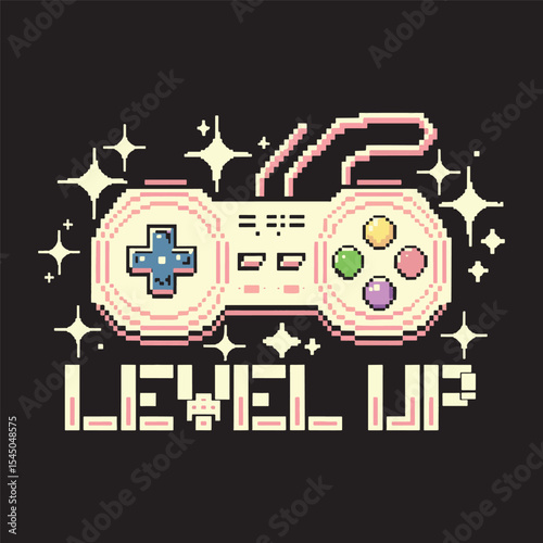 Retro game controller pixel art with “Level Up” quote, great for gamers and birthday celebrations vector design