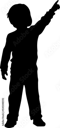 Black silhouette of little boy pointing to sky. Vector illustration