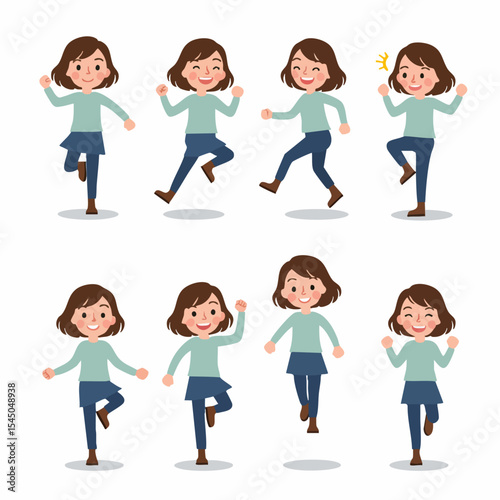 Happy Woman Character Poses: A cheerful cartoon woman in various joyful poses, perfect for animation, websites, or presentations. Her expressions range from excited to playful.
