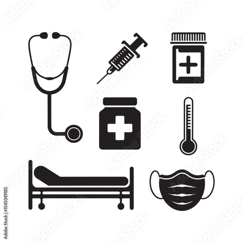 Black medical icon set for healthcare support and awareness vector illustration design elements