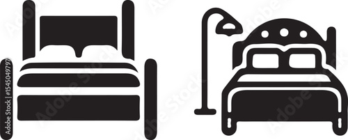 Isolated vector illustration showcasing two distinct bed designs and a floor lamp in a minimalist style