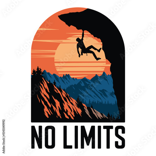 Sunset mountain adventure with rock climbing silhouette and “No Limits” text, t shirt design