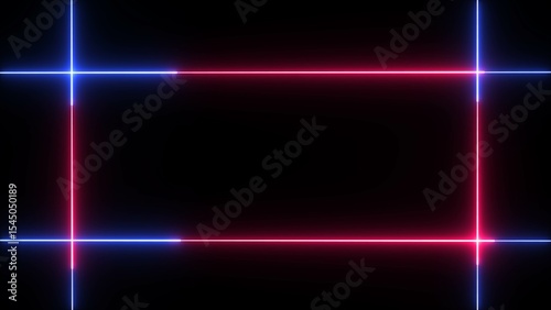 Neon line glowing square frame on black background. Glowing neon frame background animation square shape.