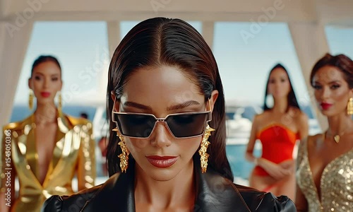 Fashionable woman wearing sunglasses and statement earrings