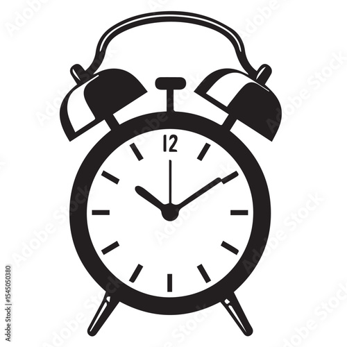 A black and white vector icon of a classic alarm clock with twin bells and a numerical dial, set on a white background.
