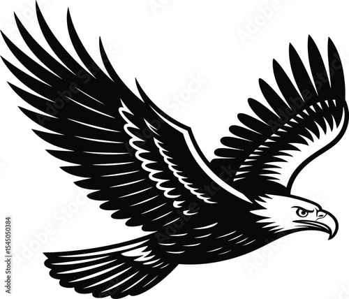 Eagle flying on white background. Vector illustration in black and white colors.