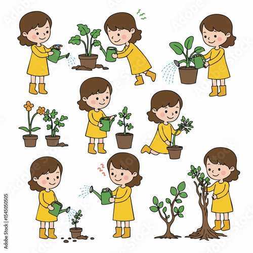 Nurturing Life: A collection of illustrations depicting a young girl tending to her plants with care. A charming scene of growth, nurturing, and environmental responsibility