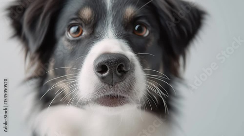 Black and white dog looking calmly at the camera in a close-up portrait with soft lighting and focused details