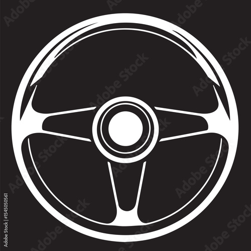 A classic white steering wheel with a circular center is depicted in a black outline vector icon, set against a solid black background.